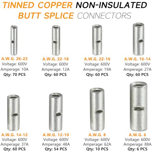 SVAAR 380PCS Non Insulated Butt Connectors Kit Butt Splice Connector Uninsulated Wire Splice Connectors for 26 to 6 Gauge Wire Marine Grade Tinned Copper Seamless Barrel Crimp Butt Splice Terminals - color: Non-Insulated Splice - Tinned Copper