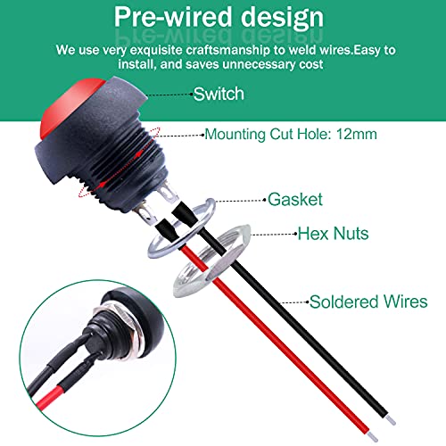 Twidec/10Pcs 12mm Momentary Push Button Switch 1/2" Mounting Hole On Off Mini Round Waterproof 5 Color with Pre-soldered Wires PBS-33B-5C-X-2 - color: multicoloured-12mm, size: Momentary