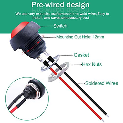 Twidec/10Pcs 12mm Momentary Push Button Switch 1/2" Mounting Hole On Off Mini Round Waterproof 5 Color with Pre-soldered Wires PBS-33B-5C-X-2 - color: multicoloured-12mm, size: Momentary