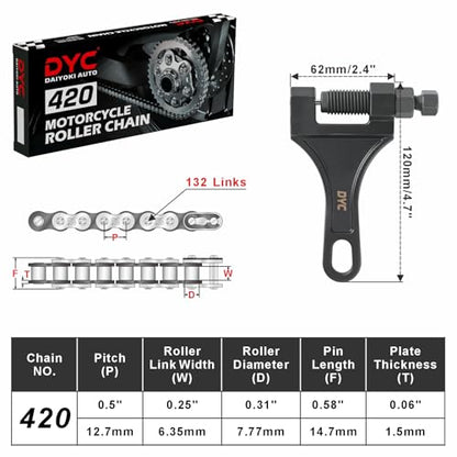 DYC 420 Chain 132 Links with 5 Master Links and Chain Breaker Tool - color: Natural Steel