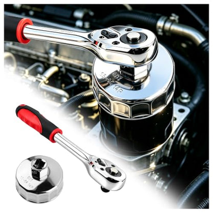 65-64mm 14 Flute Oil Filter Wrench & 10" Reversible 1/2 Ratchet Wrench