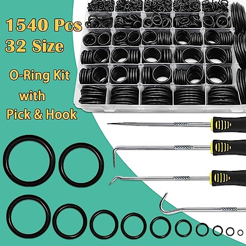XBVV 1540 Pcs 32 Size O-Rings Kit Nitrile Rubber O Ring Assortment with 4 Hook Set for Various Car Auto Vehicle Repair Plumbing Air or Gas Sealing Connections Resist Oil and Heat
