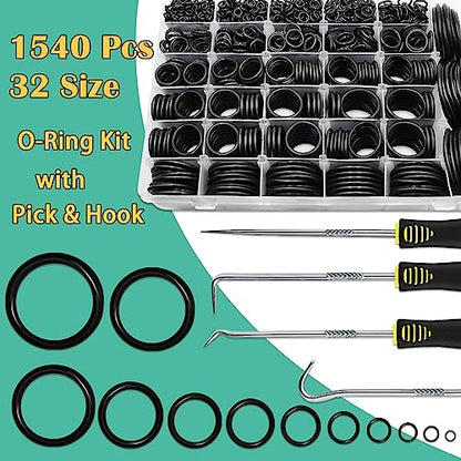 XBVV 1540 Pcs 32 Size O-Rings Kit Nitrile Rubber O Ring Assortment with 4 Hook Set for Various Car Auto Vehicle Repair Plumbing Air or Gas Sealing Connections Resist Oil and Heat