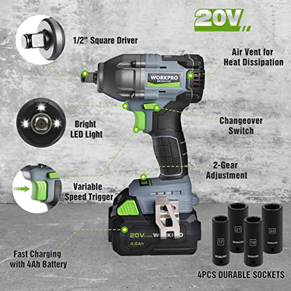 WORKPRO Cordless Impact Wrench 1/2", 20V Brushless Impact Gun, High Torque