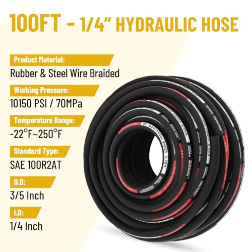 100FT 1/4" Hydraulic Hose with 24PCS Hydraulic Hose Fittings - size: 1/4" Hydraulic Hose - 100FT