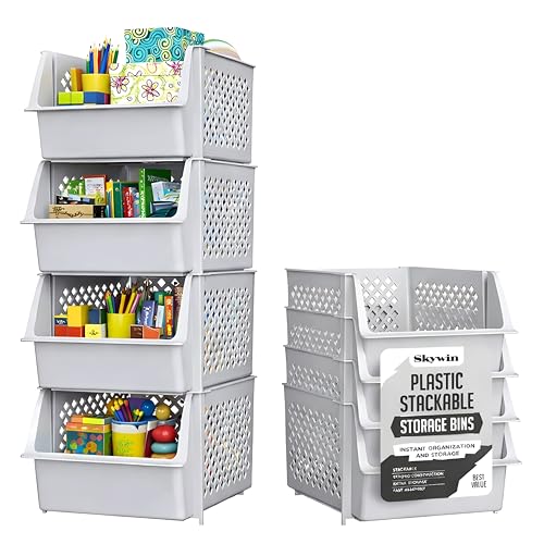 Stackable Storage Bins Open Front for Pantry Storage, 4 Pack - Light Grey - color: Light Grey, size: 4 Pack