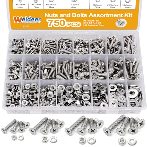 weideer 750PCS Nuts and Bolts Assortment Kit,Stainless Steel Machine Screws, #6-32#8-32#10-24#1/4-20Phillips Flat Head Screws Assorted with Nuts, Bolts,Washers - color: Silver, size: 750 pcs (#6-32, #8-32, #10-24, #1/4-20)