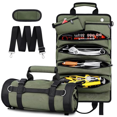 Tool Roll Up Bag, 1680D Heavy Duty Tool Bag Organizer with 2 Detachable Tool Pouches & Multiple Pockets, Waterproof Motorcycle Tool Roll for Mechanic & Electrician, Gift for Men Him Dad, 21.9"*13.8" - color: Green