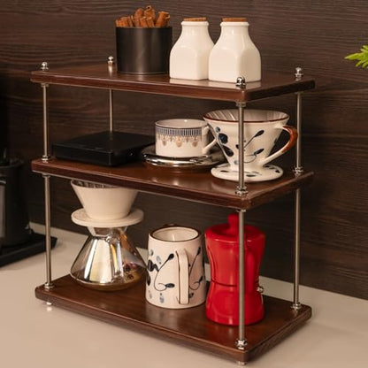 Solid Wood Coffee Bar Shelf/Rack for Countertop, 3 Tier, Walnut - color: Walnut Finish, size: 24MM Thick