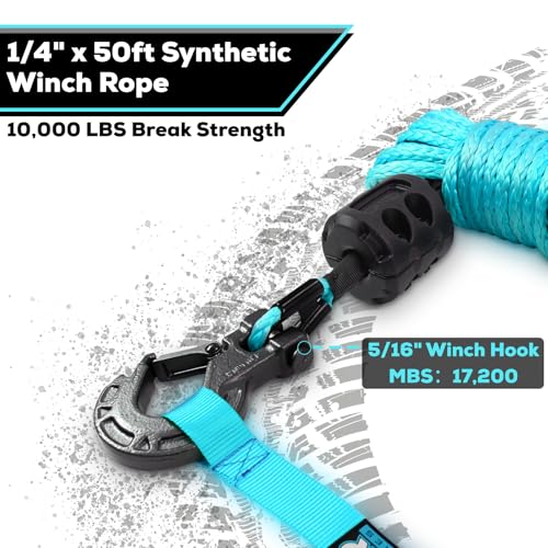 1/4" x 50ft Synthetic Winch Rope Cable Kit, 10000LBS Winch Rope with Protective Sleeve + Forged Winch Hook + Rubber Stopper and Safety Pull Strap for ATV UTV (Blue) - color: blue, size: 1/4"x50ft