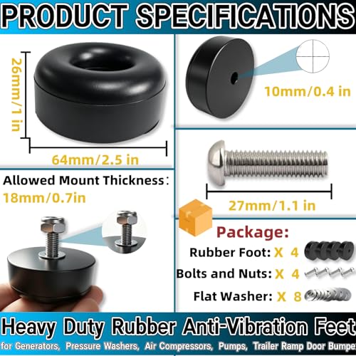 4-Pack Heavy Duty Rubber Anti-Vibration Feet &Rubber Bumpers - 1" x 2.5" Shock Absorbing Pads with Screw Kits for Generators,Pressure Washers,Air Compressors,Pumps,Trailer Ramp Door Bumpers