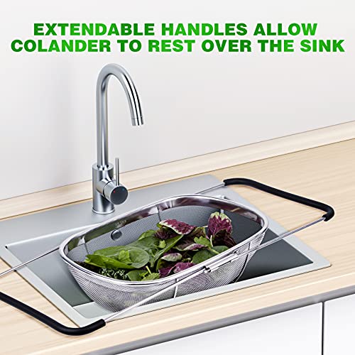 Tiawudi 6-Quart Large Over The Sink Colander, Heavy Duty 40% Thicker 18/8 Stainless Steel Fine Mesh Strainer Basket with Expandable Rubber Grip Handles - Strain, Drain, Rinse Fruits, Vegetables