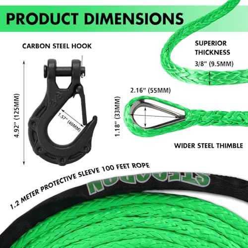 Synthetic Winch Rope, 3/8" x100ft 23809LBS Dyneema Winch Rope 3/8 Heavy Duty Winch Cable with Protective Sleeve Forged Winch Hook for 4WD Off Road Vehicle Truck SUV (Green) - color: Green, size: 3/8" x 100'