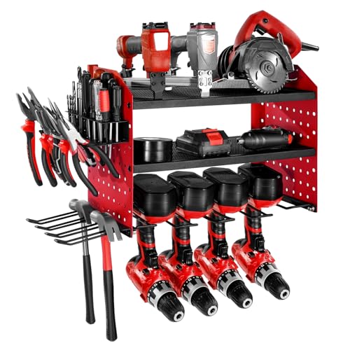 VEVOR Power Tool Organizer Wall Mount, 3-Layer Storage Rack with 4 Drill Holders, Tools Holder and Storage Rack with Side Pegboards, Garage Tool Organizer for Garage, Workbench, and Workshop - size: 3-Layer 4 Drill