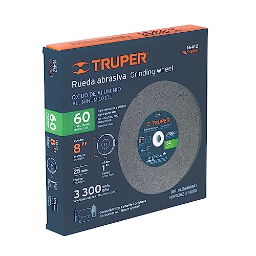 Truper 8-Inch Bench Grinding Wheel, 1-Inch Width, 60 Grit Aluminum Oxide, Heavy-Duty Sharpening and Deburring Wheel (Model PIES-8160/16412)
