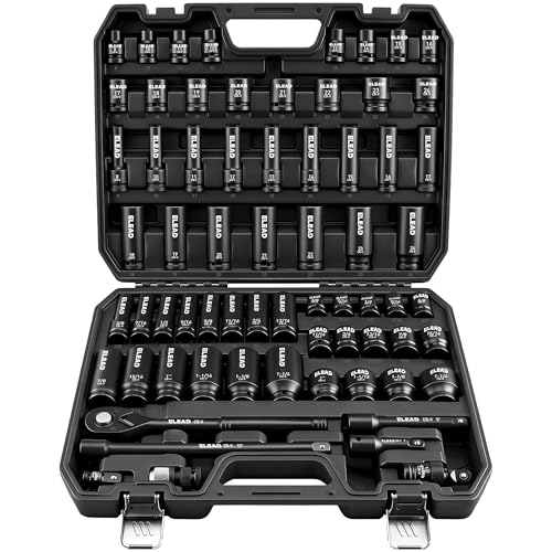 ELEAD 67 Piece 1/2" Drive Deep Impact Socket Set: Standard SAE (3/8"-1-1/4") & Metric (8-24 mm), Including 3 ", 5", 10" Extension Bar, Universal Joint, Ratchet Handle and Adapter - color: 67pcs 1/2'' Drive Impact Socket Set Black
