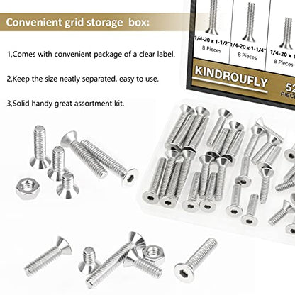 52 Pieces 1/4-20 x 1/2", 3/4", 1", 1-1/4", 1-1/2", Countersunk Head Socket Cap Screws Nuts Assortment Kit, 304 Stainless Steel, Fully Machine Thread - size: 1/4"-20, style: Countersunk Head
