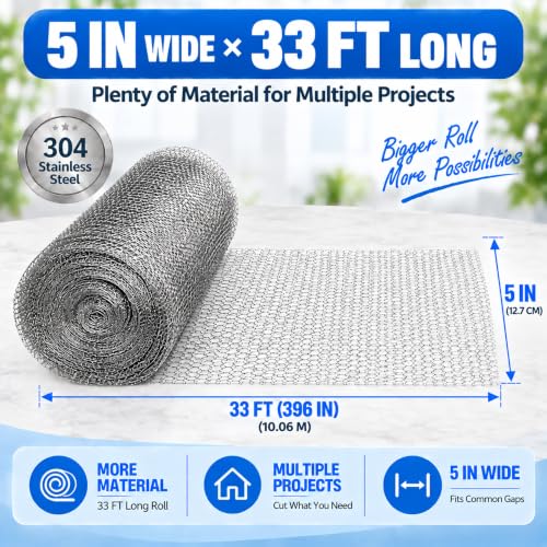 Wire Mesh for Mice Control, 5" x 33FT Stainless Steel Wool - size: 5" x 33 FT