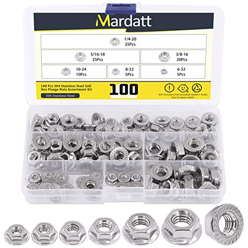 100pcs 6 Sizes SAE 304 Stainless Steel Serrated Hex Flange Nuts Assortment Kit 1/4-20 5/16-18 3/8-16 10-24 8-32 6-32