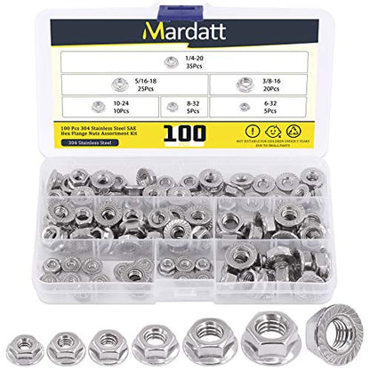 100pcs 6 Sizes SAE 304 Stainless Steel Serrated Hex Flange Nuts Assortment Kit 1/4-20 5/16-18 3/8-16 10-24 8-32 6-32