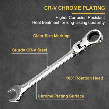 Egofine Flex Head Ratcheting Wrench Set 11 Piece, Metric Wrench Set, CR-V Steel 6-15mm Wrench, 72-Teeth Combination wrench set, Chrome plated Ratchet Wrenches Set with Tool Roll Bag - style: Metric-11 piece set