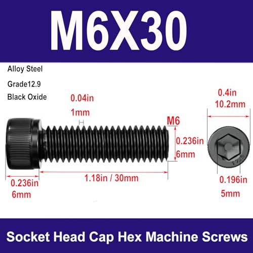 M6-1.0 x 30mm Socket Head Cap Screws Bolts, Grade 12.9 Alloy Steel Black Oxide, M6 30mm Allen Socket Drive, Machine Thread with Hex Spanner,20 PCS (M6X30) - size: M6X30mm