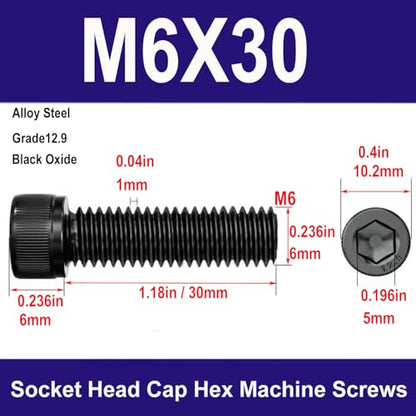 M6-1.0 x 30mm Socket Head Cap Screws Bolts, Grade 12.9 Alloy Steel Black Oxide, M6 30mm Allen Socket Drive, Machine Thread with Hex Spanner,20 PCS (M6X30) - size: M6X30mm