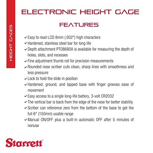 Starrett Electronic Height Gage, 0-6" Range, .0005" Resolution