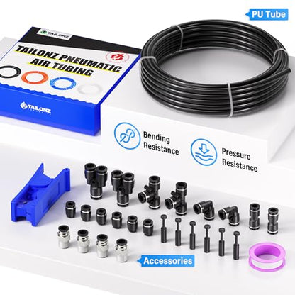 TAILONZ PNEUMATIC Black 1/4 Inch OD 10 Meter 32.8ft PU Polyurethane Air Tubing Kit Pipe Hose Air Line Tubing Air Hose Fittings Push to Connect Fittings(27PCS) - color: Black, size: 1/4" OD - 32.8 FT