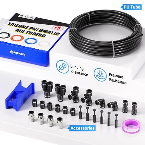 TAILONZ PNEUMATIC Black 1/2 Inch OD 10 Meter 32.8ft PU Polyurethane Air Tubing Kit Pipe Hose Air Line Tubing Air Hose Fittings Push to Connect Fittings(27PCS) - color: Black, size: 1/2" OD - 32.8 FT