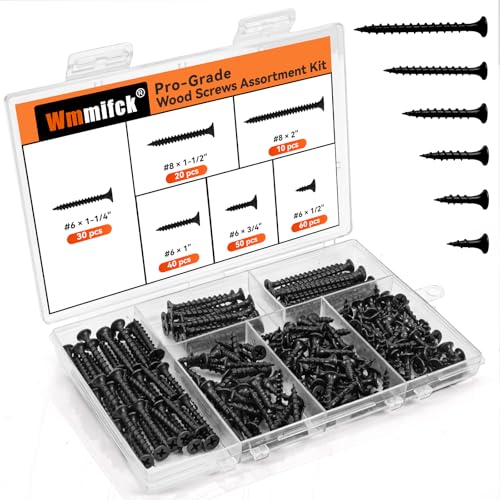 Upgraded 210 Pcs Wood Screws Assortment Kit, #6#8 High Hardness Phillips Flat Head Drywall Screws, Black Wood Screws, 6 Sizes (2”, 1-1/2”, 1-1/4”, 1”, 3/4”, 1/2”)