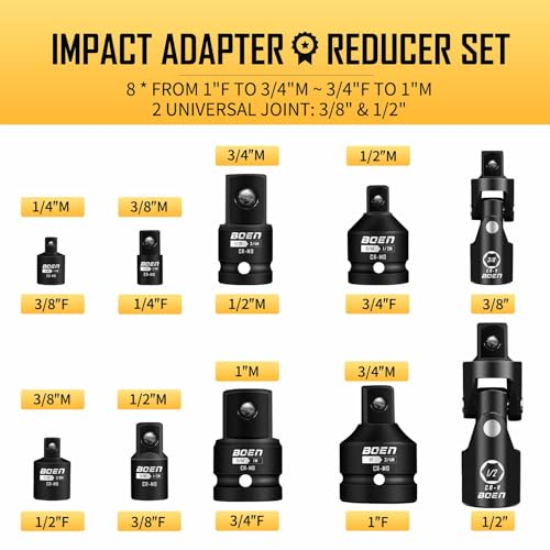 BOEN 10-Piece Impact Socket Adapter and Reducer Set, Standard SAE 1/4" 3/8" 1/2" 3/4", CR-MO Steel Driver & Wrench Conversion Kit Socket Reducer with 3/8" & 1/2" Universal Joint - size: 10 Piece