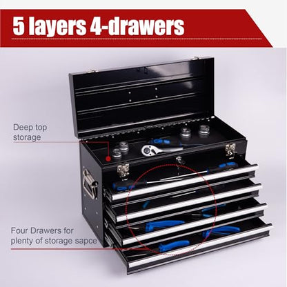 Heavy Duty Metal Tool Box, 21-inch, Portable Metal Tool Box with 4 Drawers, Small Tool Chest with EVA Liners, Ball Bearing Slide Drawers Locking & Powder Coated Finish, Multi-Function Tool Organizer - color: Tool Box-black
