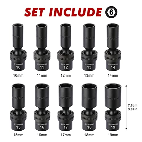 CASOMAN 10 PCS 3/8" Drive Deep Standard Universal Impact Socket Set, 6 Point, CR-MO, Metric,10-19mm - size: 10 PCS 3/8" Dr.(Deep)