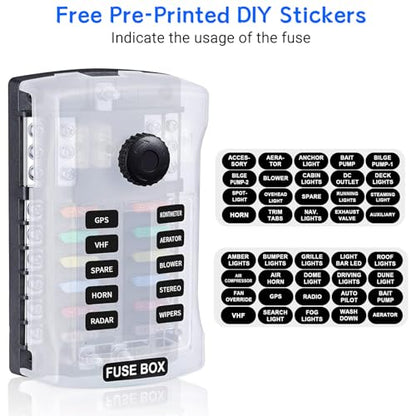 300A 12 Way Blade Fuse Block, Waterproof 12 Circuits Boat Fuse Box Panel with Dual Positive Power Inputs and Negative Bus, Standard ATC/ATO Fuse Holder with LED Indicator, for 12V/24V Car Truck Marine