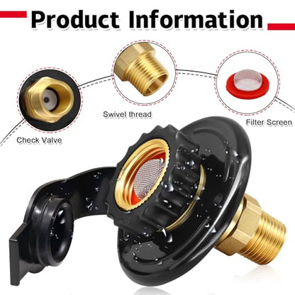 RV City Water Inlet with Check Valve, 3/4 NH Female to 1/2 NPT Male Black Flange RV Fresh Water Inlet, Lead-free Brass RV Water Connection Inlet with Dust Plug for RV Camper Motorhome Trailer Marine - color: Black Small Flange