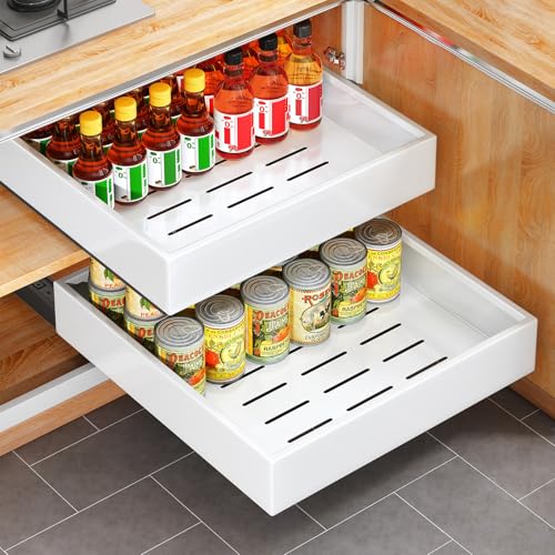 2Pack Pull out Cabinet Organizer, 21"Deep, Heavy Duty Full-extension Slide out Drawers for Kitchen Cabinet, Roll out Shelf Storage with Nano Adhesive for Pots,17"W x 21"D x 3.1"H, White - color: White, size: 17" Wide-21"Deep (2Pack）