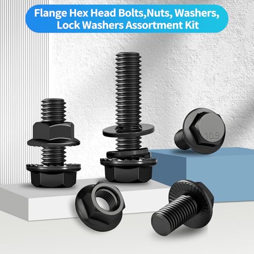 250PCS M6 Flange Hexagon Screws Serrated Flange Nuts Washers,M6-1.0 x 12/16/20/25/30mm Flanged Hex Head Bolts Assortment Kit, Alloy Steel Class 10.9 Black Zinc Plated (M6-1.0 Black) - size: M6-1.0 Black
