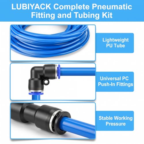 34PCS Blue PU Air Hose Pipe Tube Kit, 12mm OD 8mm ID, 50FT - color: Blue, size: 12mm OD x 50FT