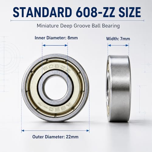 608-ZZ Ball Bearings, 20 PCS Double Metal Sealed Shielded Miniature Deep Groove Ball Bearings, for Skateboards, Roller Skates, and ect (8mm x 22mm x 7mm)