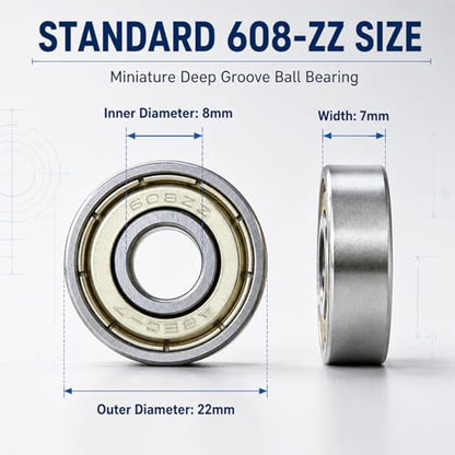 608-ZZ Ball Bearings, 20 PCS Double Metal Sealed Shielded Miniature Deep Groove Ball Bearings, for Skateboards, Roller Skates, and ect (8mm x 22mm x 7mm)