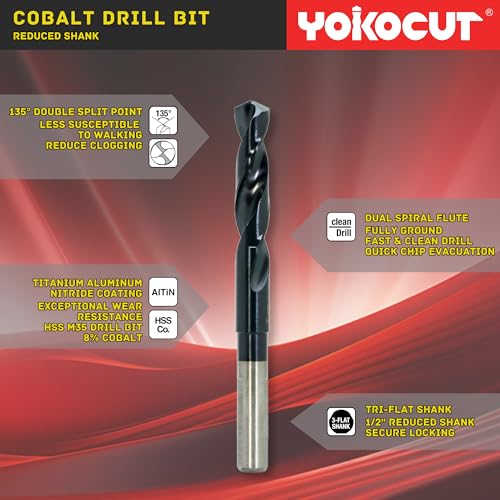 5/8 Inch Cobalt Drill Bit | Reduced Shank High Speed Steel | 5/8 Drill Bit for Stainless Steel and Hardened Metal | HSS M35 Titanium Aluminum Nitride Coating with 1/2" Shank - size: 5/8 Inch