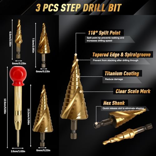 35 PCS Drill Bits Set, 3 Step Drill Bits, 13 Twist Drill Bits, 6 Taps(M3-M10) and 6 Screw Extractors, High Speed Steel Drill Bit Kit Titanium Coated Bits for Plastic Wood Metal, with Storage Bag