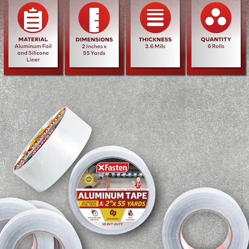 XFasten Aluminum Foil Tape for Ductwork 2 Inch x 55 Yard 6-Pack 3.6mil Aluminum Tape for Ductwork Heavy Duty Dryer Vent Tape Foil and Seal HVAC Tape for Ducts, HVAC Duct Tape, Silver - size: 2-Inch x 55-Yards 6-Pack (990 Feet)