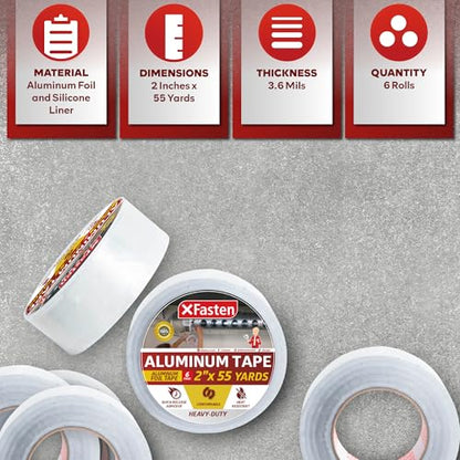 XFasten Aluminum Foil Tape for Ductwork 2 Inch x 55 Yard 6-Pack 3.6mil Aluminum Tape for Ductwork Heavy Duty Dryer Vent Tape Foil and Seal HVAC Tape for Ducts, HVAC Duct Tape, Silver - size: 2-Inch x 55-Yards 6-Pack (990 Feet)