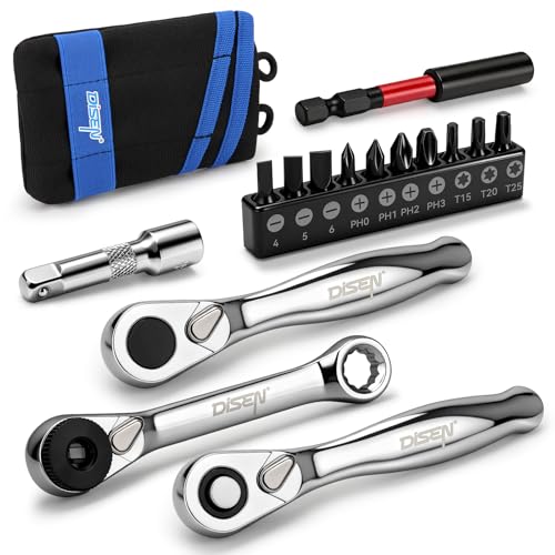 DISEN 15PC Mini Ratchet Wrench Set, 1/4" Drive Ratchet Handle Wrench, Mini Socket Set, Tiny Tools, Small Ratchet, 72-Tooth, Reversible, Cr-V Steel Made, Gifts for Men Dad - size: 15 pieces Mini Ratchet Set - Standard Handle