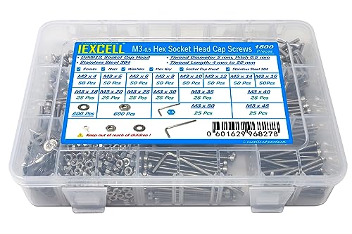 iexcell 1800 Pcs M3 x 4/5/6/8/10/12/14/16/18/20/25/30/35/40/45/50 Stainless Steel 304 Hex Socket Head Cap Screws Blots Nuts Washers - size: M3 x 4/5/6/8/10/12/14/16/18/20/25/30/35/40/45/50mm