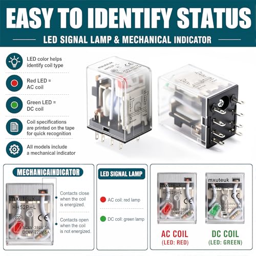 mxuteuk 2pcs Electromagnetic Power Relay HH52P AC 110V/120V 5A Coil 8 Pin DPDT with LED Indicator, with Base Socket, with DIN Rail Slotted Aluminum - color: Black-8Pin-5A&Base, size: AC 110V