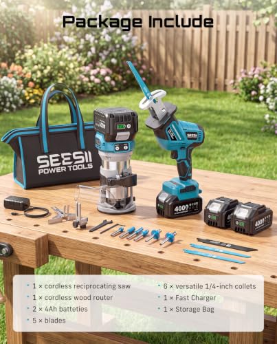 SEESII 2-in-1 Brushless Reciprocating Saw & Wood Router Tool Combo Kit - color: Royal Blue