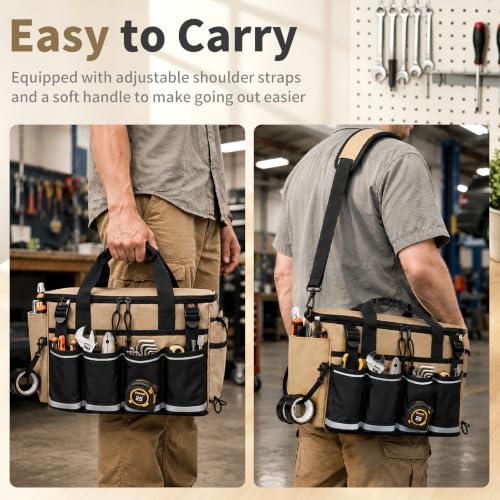 14-Inch Heavy Duty Tool Bag, 17 Pocket Tool Box Organizer - color: Khaki